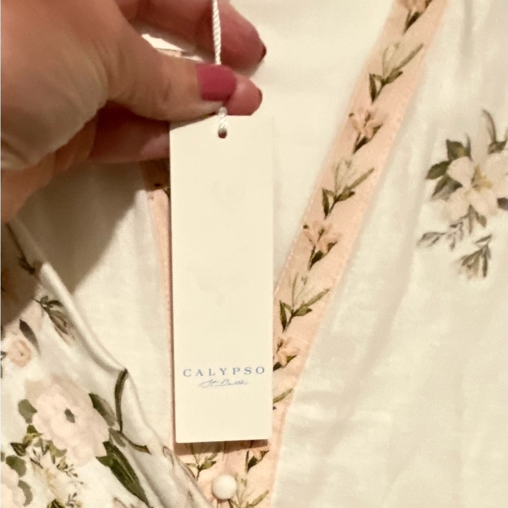 Calypso St. Barth Linen Cream Floral Long-Sleeve Midi Dress L - Picture 10 of 11